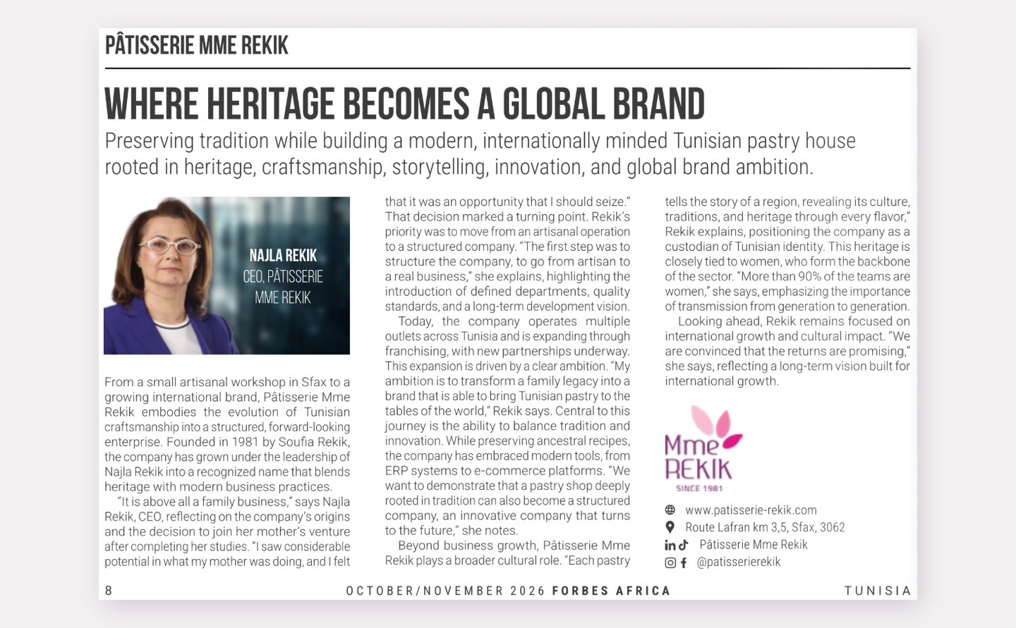 Article « Where Heritage Becomes a Global Brand » sur Pâtisserie Mme Rekik, Forbes Africa, octobre/novembre 2026